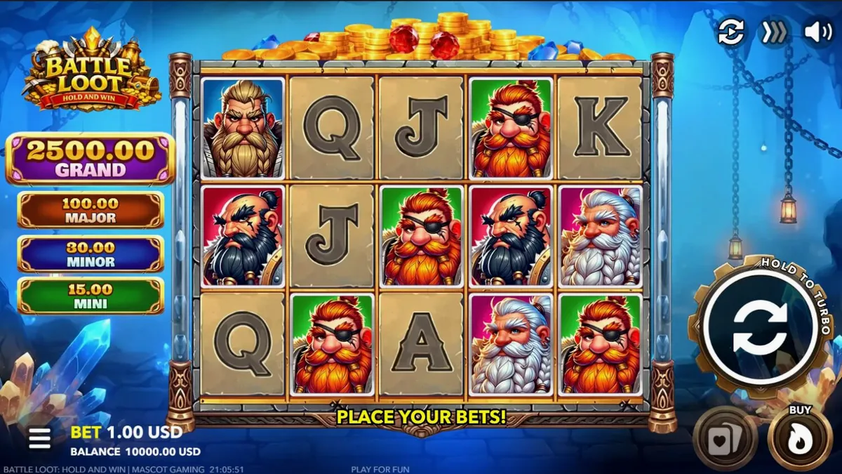 Battle Loot: Hold and Win স্লট গেমের ইন্টারফেস এবং ডোয়ার্ফ থিম