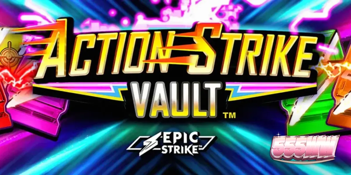 Action Strike Vault slot machine interface showing neon space theme